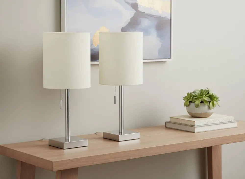 Set of Two 17" Silver Metal Candlestick USB Table Lamps With Ivory Drum Shade HomeRoots