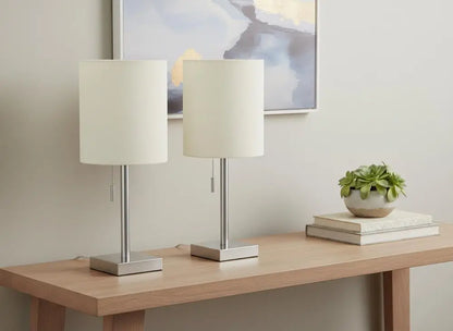 Set of Two 17" Silver Metal Candlestick USB Table Lamps With Ivory Drum Shade HomeRoots