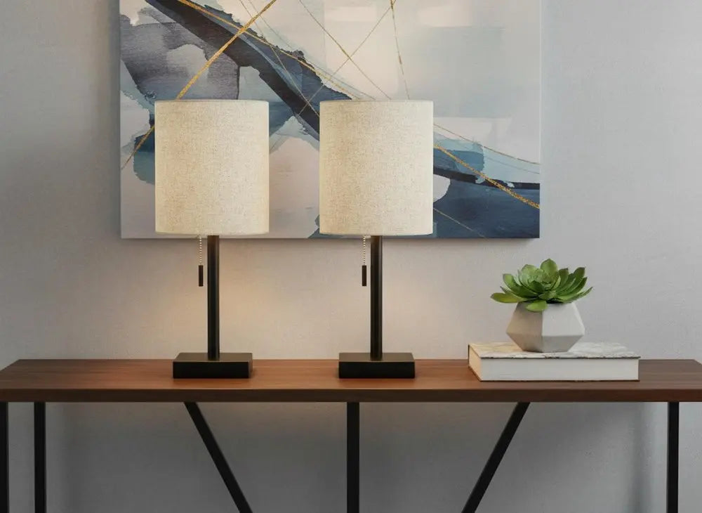 Set of Two 17" Black Metal Candlestick USB Table Lamps With Beige Drum Shade HomeRoots