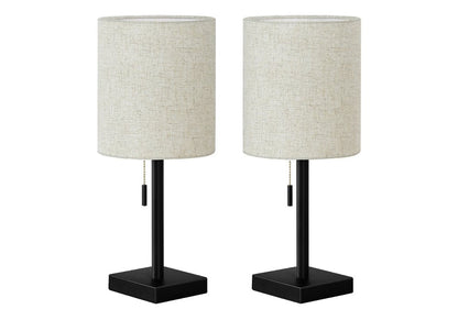 Set of Two 17" Black Metal Candlestick USB Table Lamps With Beige Drum Shade HomeRoots