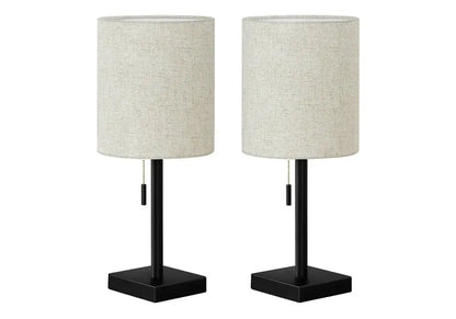 Set of Two 17" Black Metal Candlestick USB Table Lamps With Beige Drum Shade HomeRoots
