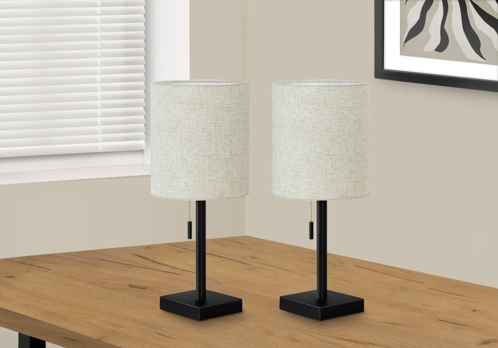 Set of Two 17" Black Metal Candlestick USB Table Lamps With Beige Drum Shade HomeRoots