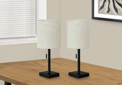 Set of Two 17" Black Metal Candlestick USB Table Lamps With Beige Drum Shade HomeRoots