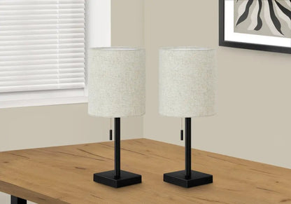 Set of Two 17" Black Metal Candlestick USB Table Lamps With Beige Drum Shade HomeRoots
