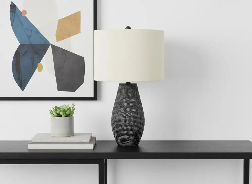 24" Black Round Table Lamp With Ivory Drum Shade HomeRoots