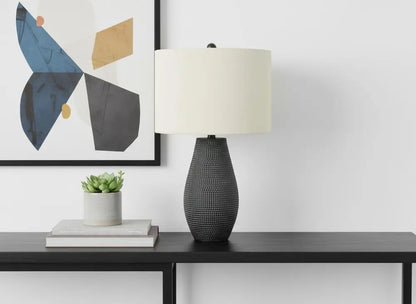 24" Black Round Table Lamp With Ivory Drum Shade HomeRoots