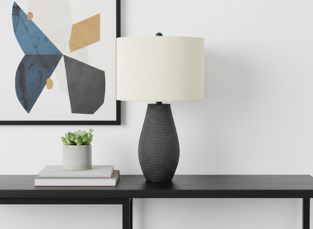 24" Black Round Table Lamp With Ivory Drum Shade HomeRoots