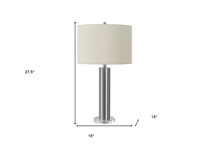 28" Silver Acrylic Cylinder Table Lamp With Ivory Drum Shade