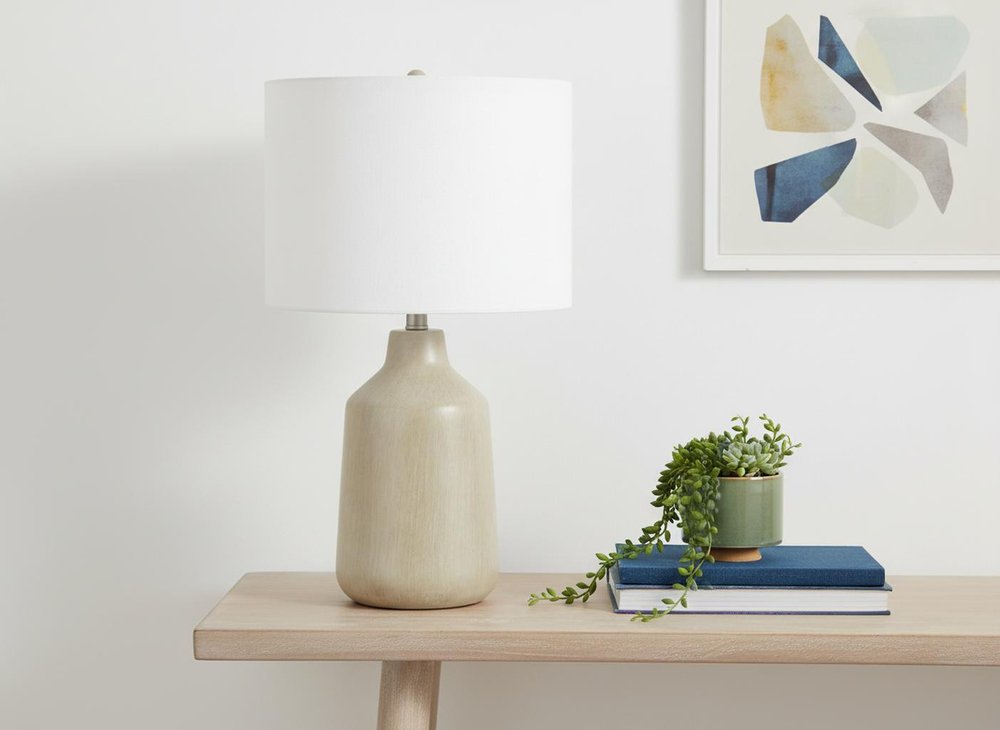 24" Beige Concrete Urn Table Lamp With Ivory Drum Shade HomeRoots