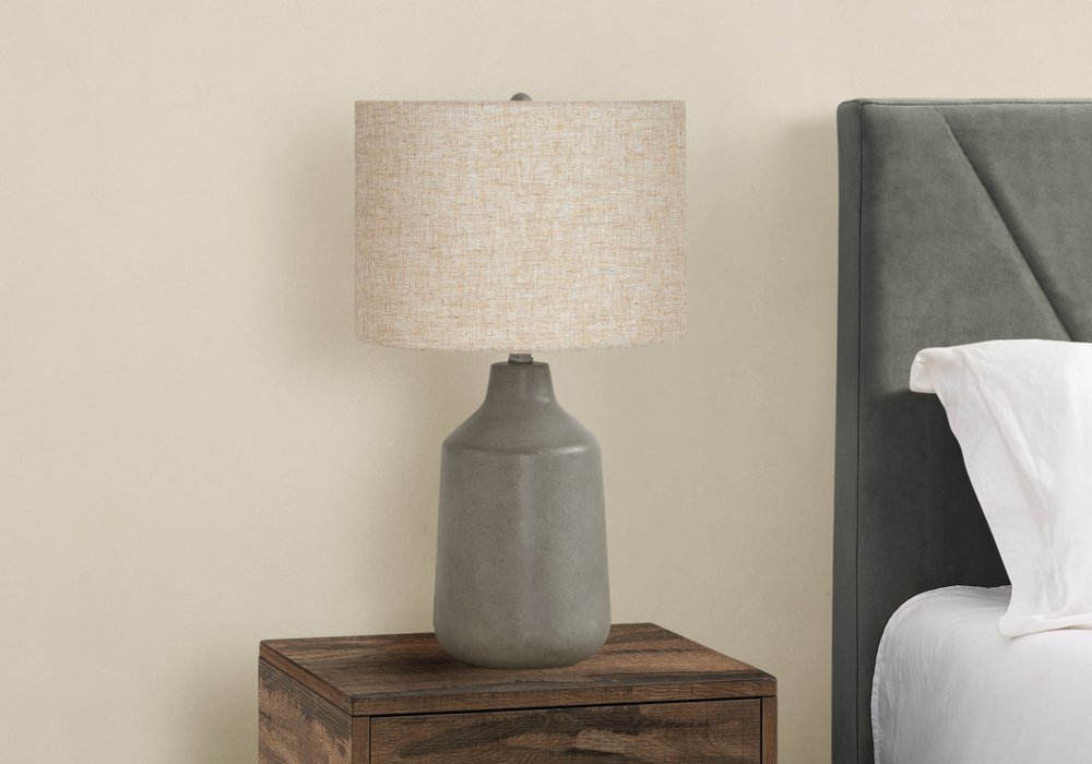 24" Gray Concrete Urn Table Lamp With Beige Drum Shade — view 3