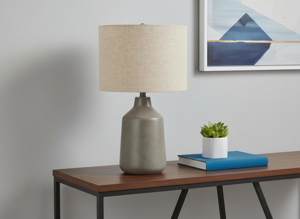 24" Gray Concrete Urn Table Lamp With Beige Drum Shade HomeRoots