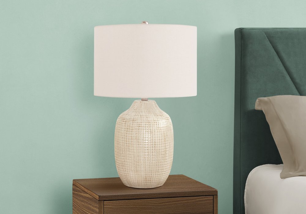 26" Cream Ceramic Urn Table Lamp With Cream Drum Shade HomeRoots
