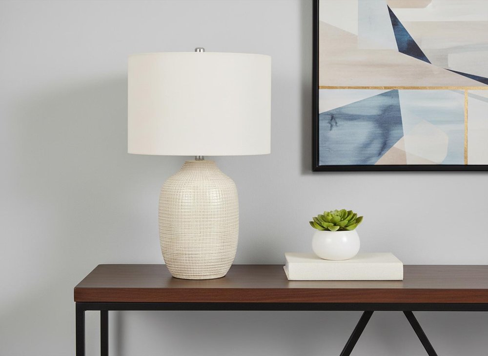 26" Cream Ceramic Urn Table Lamp With Cream Drum Shade HomeRoots