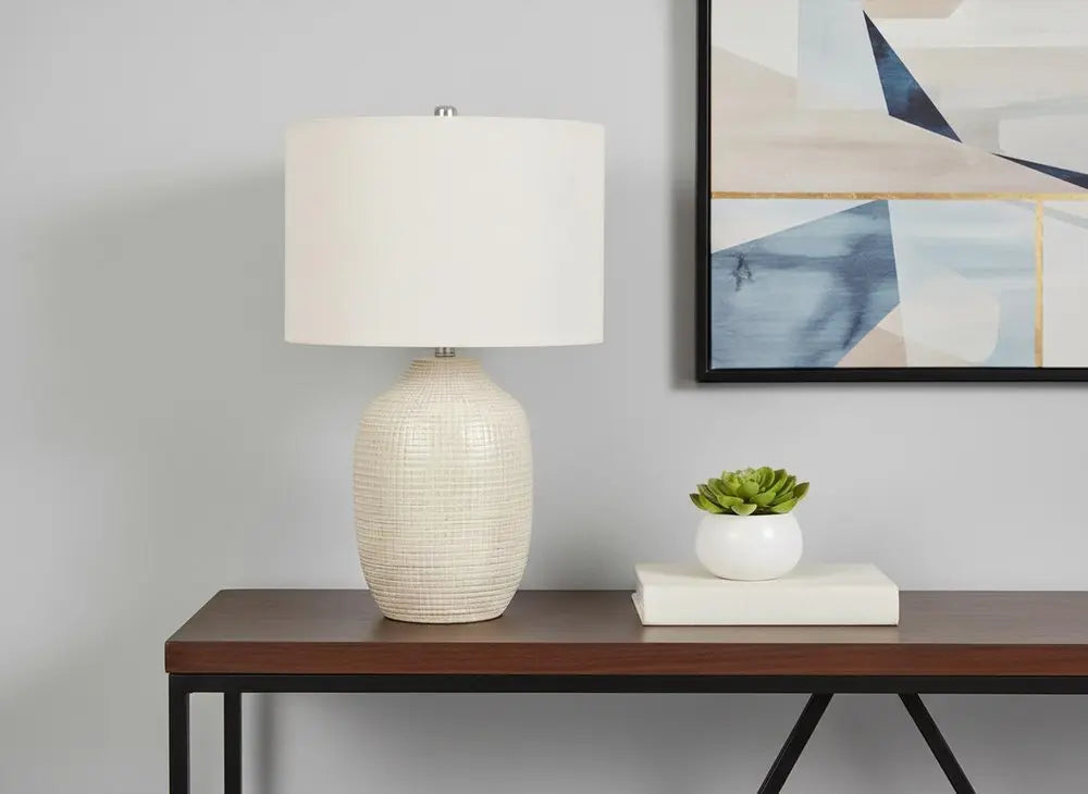 26" Cream Ceramic Urn Table Lamp With Cream Drum Shade HomeRoots