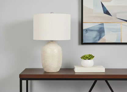 26" Cream Ceramic Urn Table Lamp With Cream Drum Shade HomeRoots