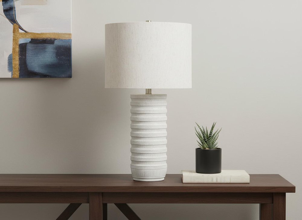 28" Cream Cylinder Table Lamp With Cream Drum Shade HomeRoots