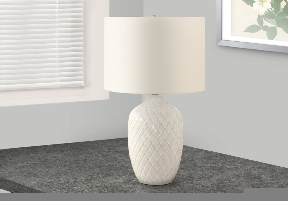 25" Cream Ceramic Urn Table Lamp With Cream Drum Shade HomeRoots