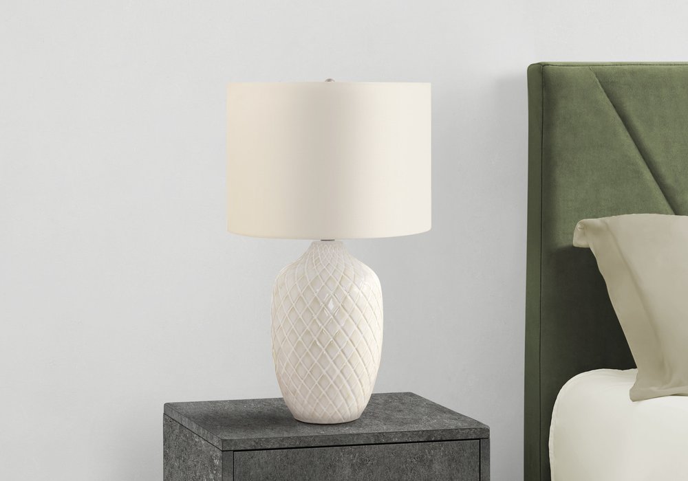 25" Cream Ceramic Urn Table Lamp With Cream Drum Shade HomeRoots