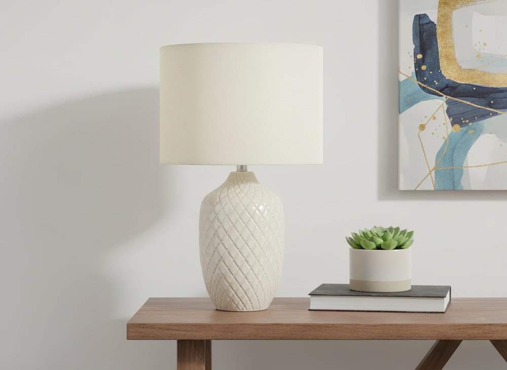 25" Cream Ceramic Urn Table Lamp With Cream Drum Shade HomeRoots