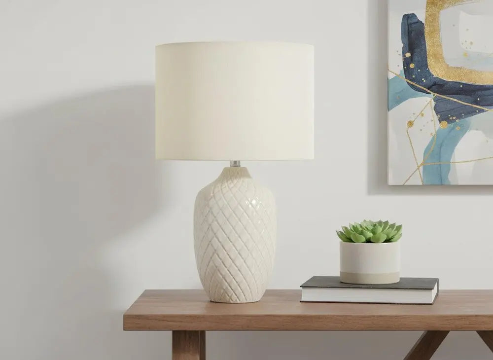 25" Cream Ceramic Urn Table Lamp With Cream Drum Shade HomeRoots