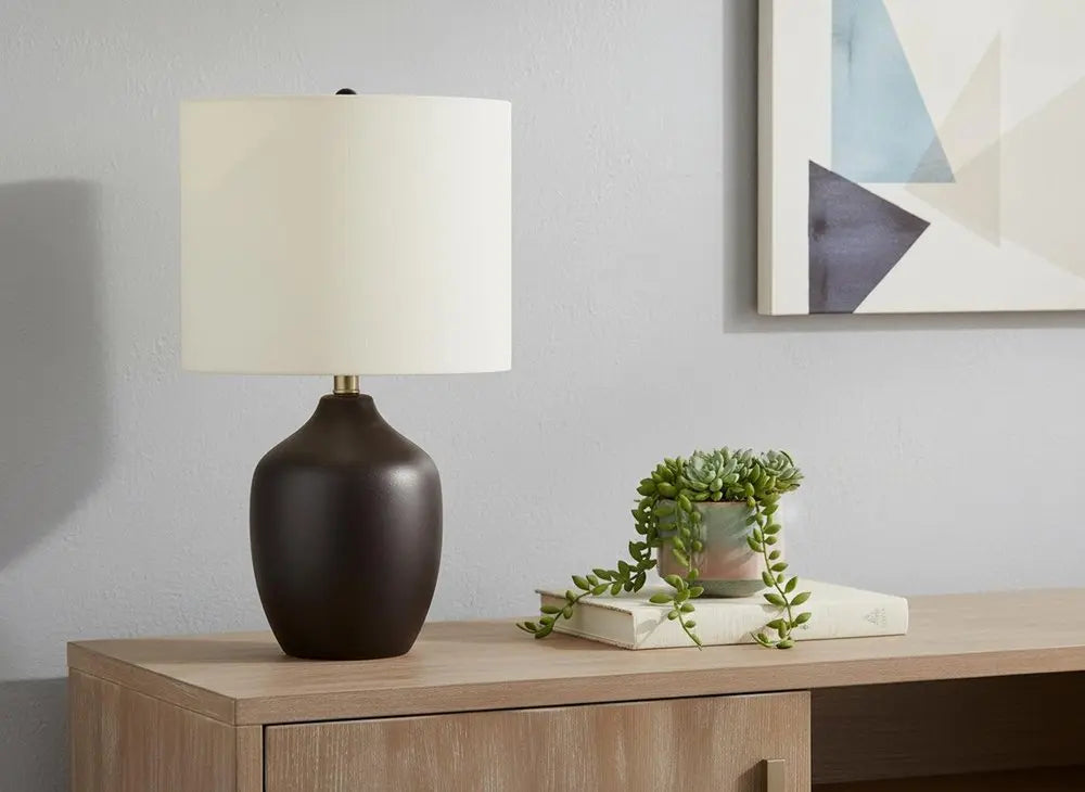 22" Black Ceramic Urn Table Lamp With Ivory Drum Shade HomeRoots