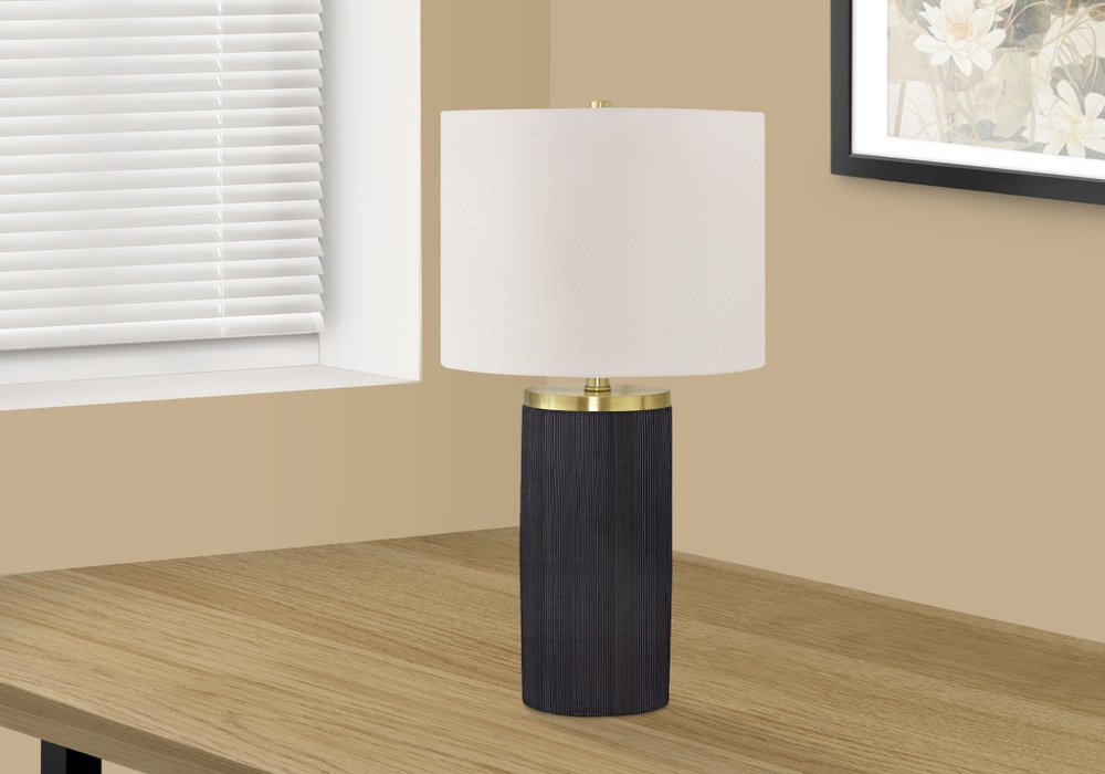 24" Black and Gold Concrete Cylinder Table Lamp With Ivory Drum Shade — view 2