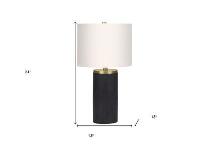 24" Black and Gold Concrete Cylinder Table Lamp With Ivory Drum Shade HomeRoots