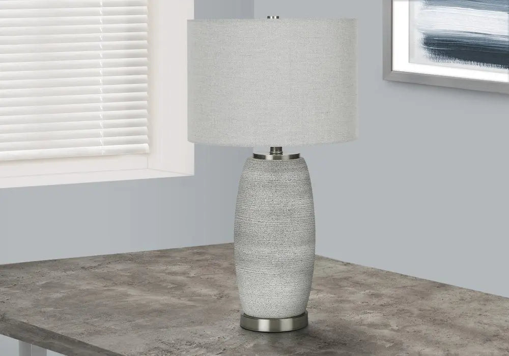 25" Gray and Silver Ceramic Cylinder Table Lamp With Gray Drum Shade HomeRoots