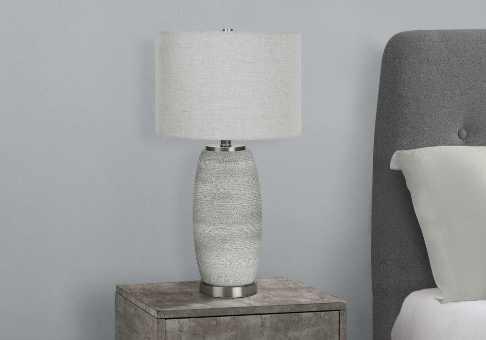 25" Gray and Silver Ceramic Cylinder Table Lamp With Gray Drum Shade HomeRoots