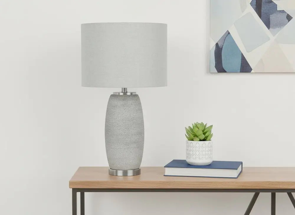 25" Gray and Silver Ceramic Cylinder Table Lamp With Gray Drum Shade HomeRoots