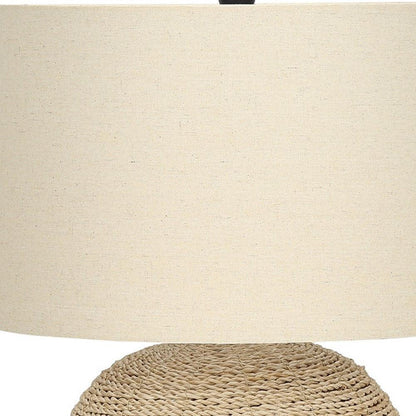 25" Beige Rattan Round Table Lamp With Beige Drum Shade - FurniFindUSA