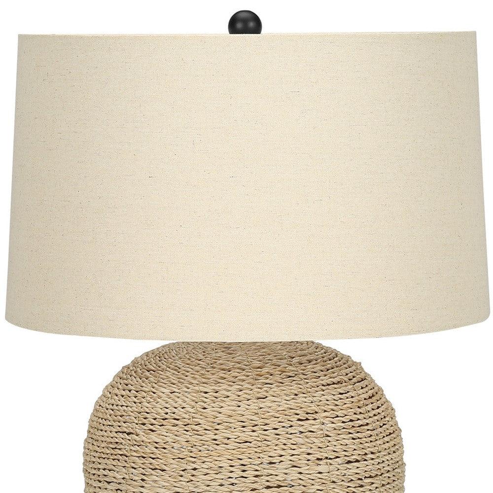 25" Beige Rattan Round Table Lamp With Beige Drum Shade - FurniFindUSA