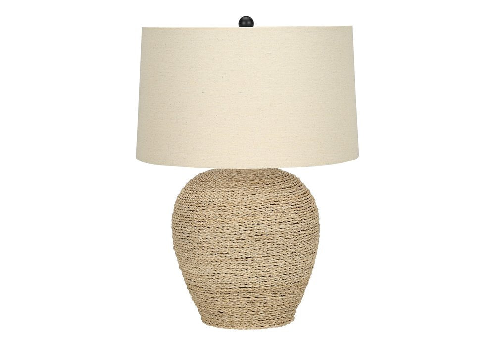 25" Beige Rattan Round Table Lamp With Beige Drum Shade — view 1