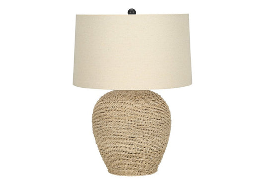 25" Beige Rattan Round Table Lamp With Beige Drum Shade