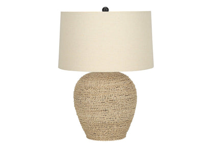 25" Beige Rattan Round Table Lamp With Beige Drum Shade - FurniFindUSA