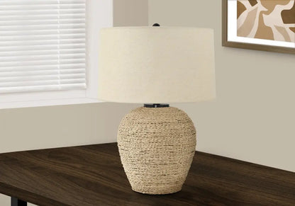 25" Beige Rattan Round Table Lamp With Beige Drum Shade HomeRoots
