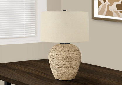 25" Beige Rattan Round Table Lamp With Beige Drum Shade - FurniFindUSA