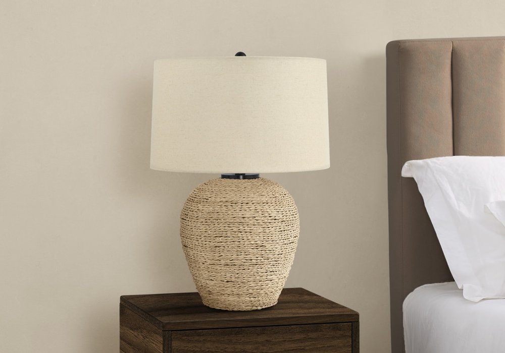 25" Beige Rattan Round Table Lamp With Beige Drum Shade HomeRoots