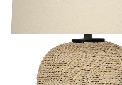 25" Beige Rattan Round Table Lamp With Beige Drum Shade - FurniFindUSA