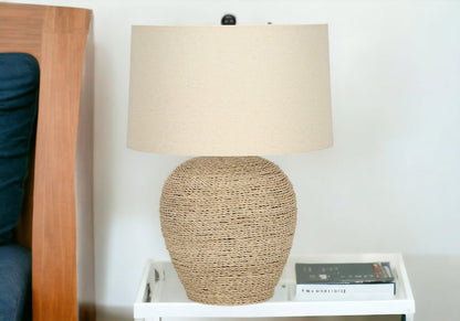 25" Beige Rattan Round Table Lamp With Beige Drum Shade - FurniFindUSA