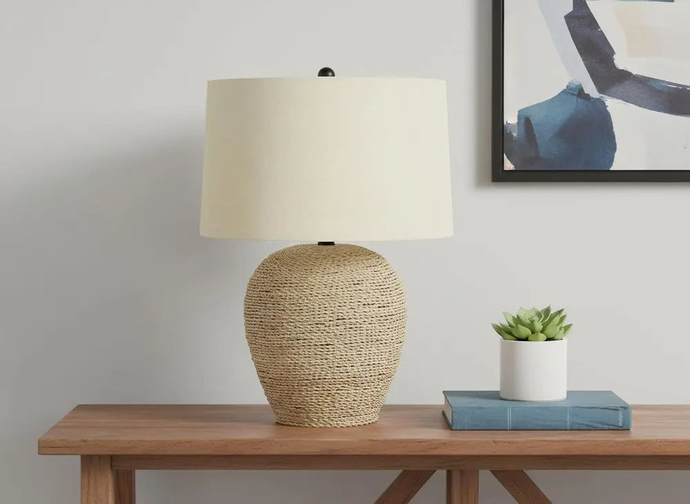 25" Beige Rattan Round Table Lamp With Beige Drum Shade HomeRoots