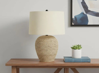 25" Beige Rattan Round Table Lamp With Beige Drum Shade HomeRoots