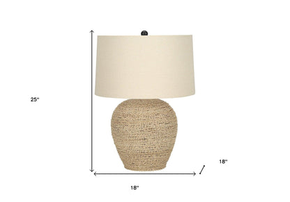 25" Beige Rattan Round Table Lamp With Beige Drum Shade - FurniFindUSA