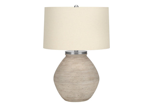 25" Cream Concrete Round Table Lamp With Beige Drum Shade - FurniFindUSA