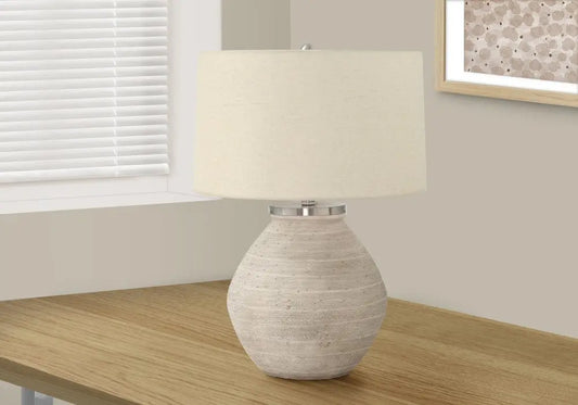 25" Cream Concrete Round Table Lamp With Beige Drum Shade HomeRoots
