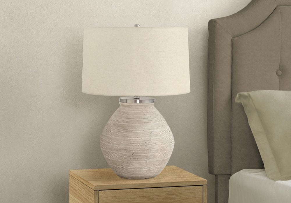 25" Cream Concrete Round Table Lamp With Beige Drum Shade HomeRoots