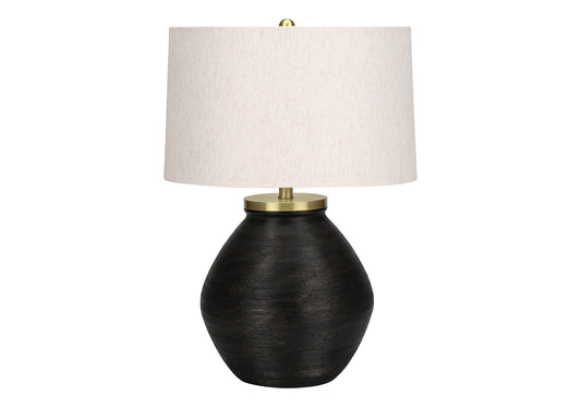 25" Black and Gold Concrete Round Table Lamp With Ivory Drum Shade - FurniFindUSA