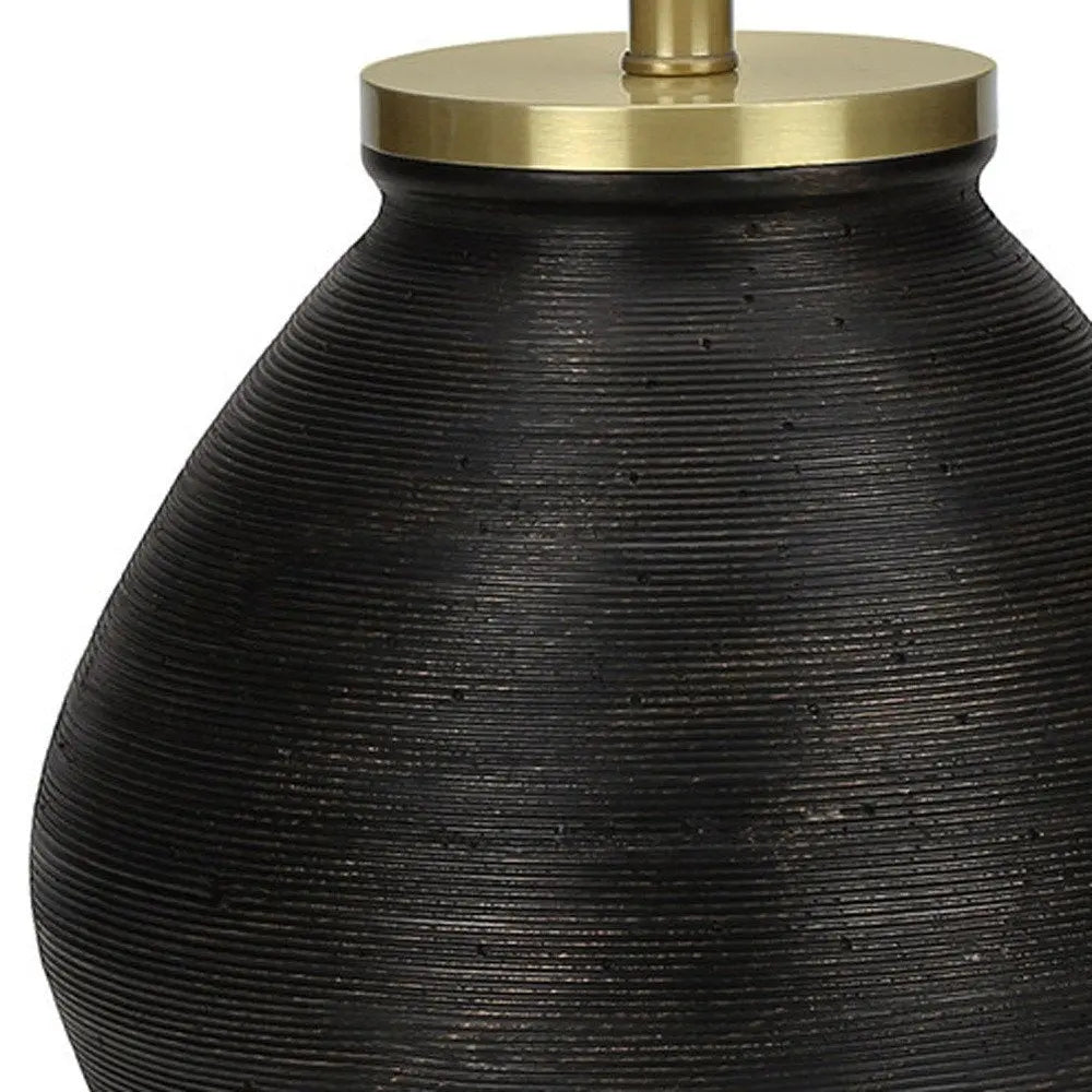 25" Black and Gold Concrete Round Table Lamp With Ivory Drum Shade HomeRoots