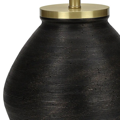 25" Black and Gold Concrete Round Table Lamp With Ivory Drum Shade HomeRoots