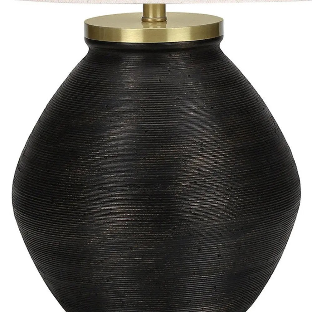 25" Black and Gold Concrete Round Table Lamp With Ivory Drum Shade HomeRoots